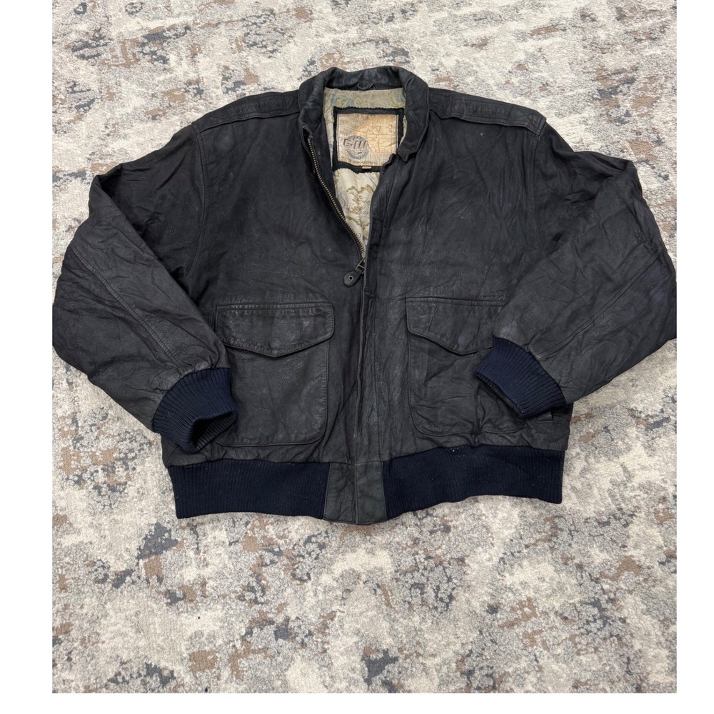G-III Leather Fashions Mens Black Vintage Bomber Jacket Map Lining Size M